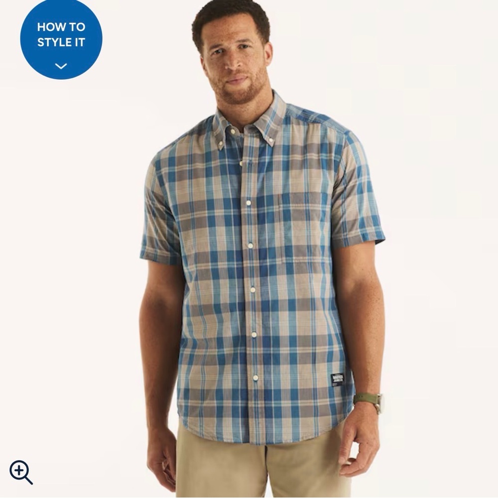 NWT Nautica Men's Blue Plaid Short-Sleeve Button-Down Shirt